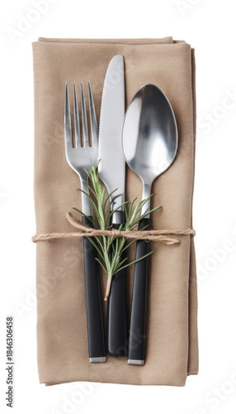 Obraz table setting with silverware and rosemary on beige napkin.