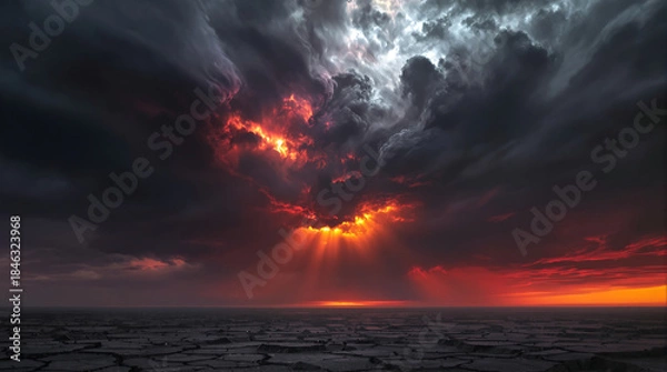 Obraz Dramatic sunset over cracked earth with dark stormy clouds