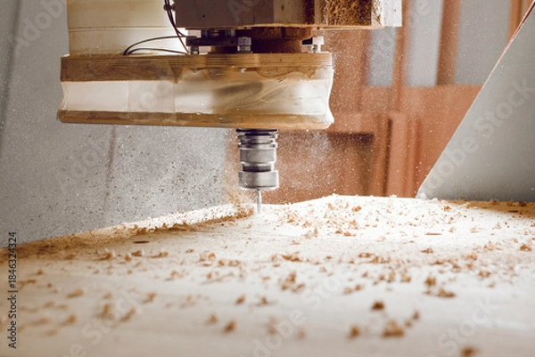Obraz Machine with computer numerical control for cutting wood with various router bits.