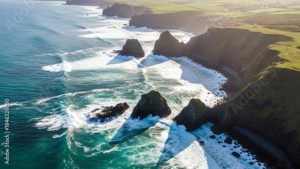 Obraz Rugged coastline with waves crashing against rocky shores