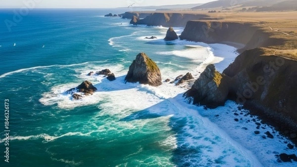 Obraz Rugged coastline with rocky outcrops and waves