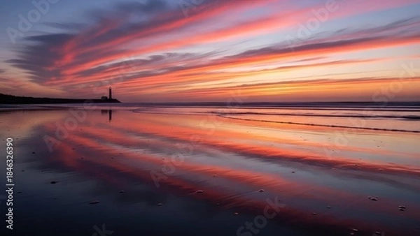 Obraz Beautiful sunset over the beach with lighthouse in the distance