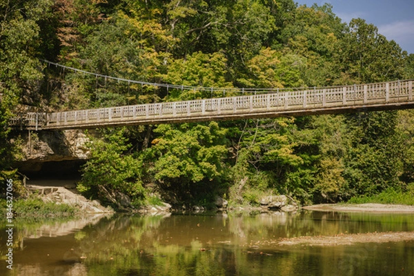 Obraz Suspension bridge over river with fall trees at Turkey Run