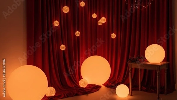 Obraz Glowing orbs on red curtain background