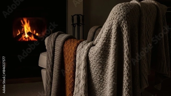 Obraz Cozy blankets by the fireplace on a chilly evening