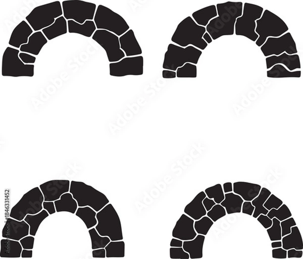 Fototapeta Collection of stylized arch silhouettes, crafted from irregularly shaped stones, depicting architectural elements and historical structures as versatile vector design components