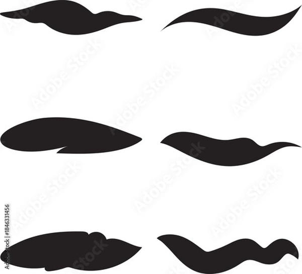 Fototapeta Collection of six abstract black ink brush stroke silhouettes against a transparent background, perfect for graphic design elements