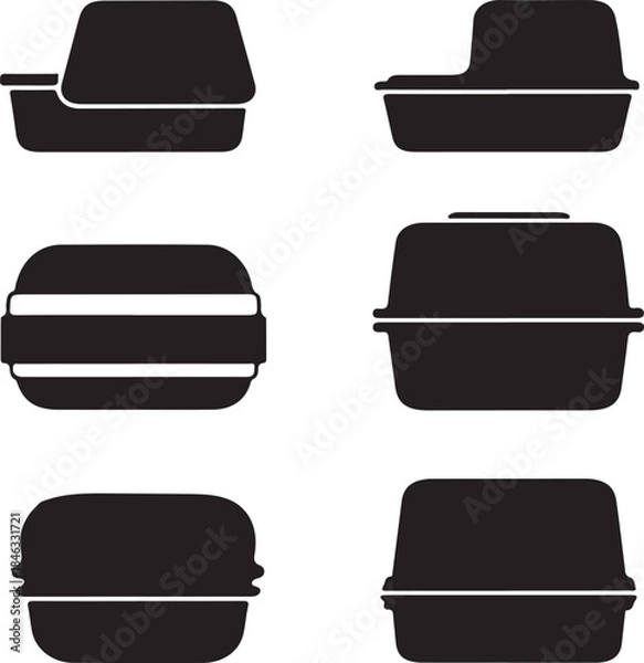 Fototapeta Collection of silhouette icons representing food containers and takeout boxes, perfect for graphic design projects and food service branding
