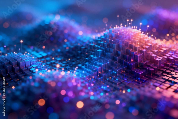 Obraz Abstract Digital Data Visualization with Neon Cubes