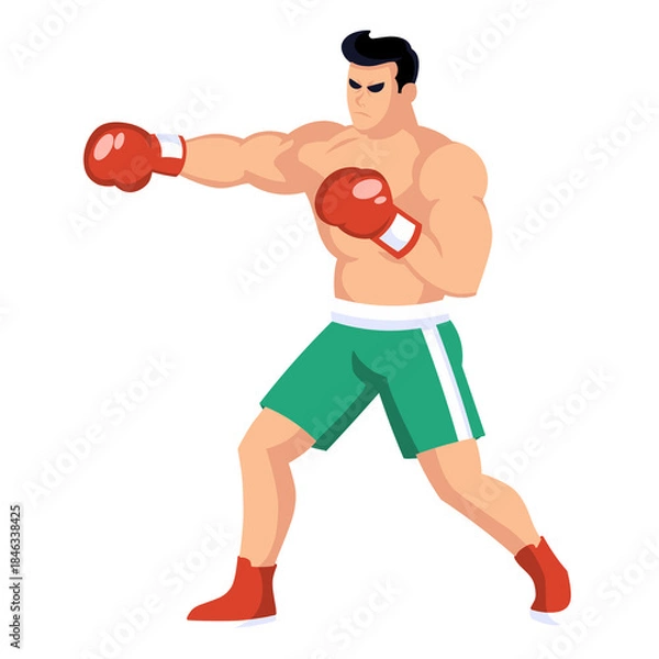 Fototapeta muscular male boxer executing a swift, powerful jab/straight punch. He is in a focused fighting stance, wearing red gloves and green shorts.