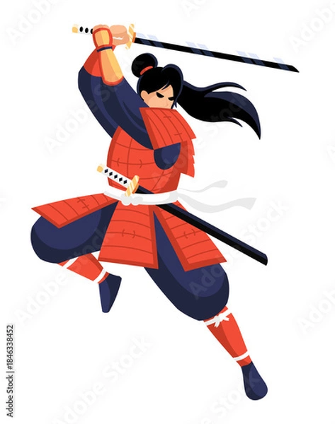 Fototapeta Samurai swordsman lunging, preparing to deliver a cutting strike to an enemy.