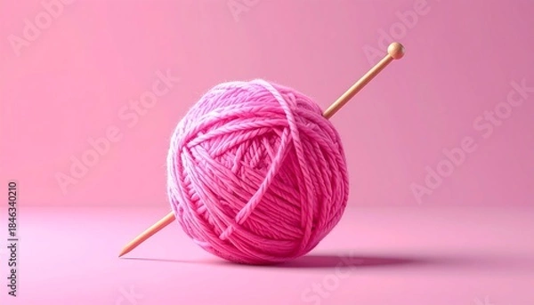 Obraz A vibrant pink yarn ball pierced with a golden knitting needle, set against a matching pink background