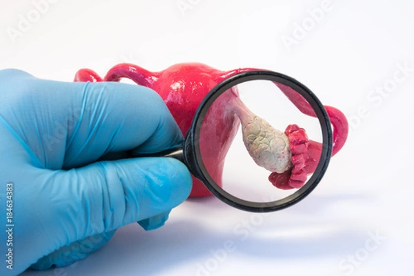 Fototapeta Search disease, abnormalities or pathology of ovary concept photo. Doctor holding magnifying glass and examines model of ovaries, conducting diagnostics for disease like cancer, apoplexy, cyst, POS