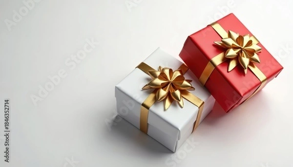 Obraz Red and white gift boxes with gold ribbon and bows sit on a white background. These elegant packages are ready for any celebration or special occasion.