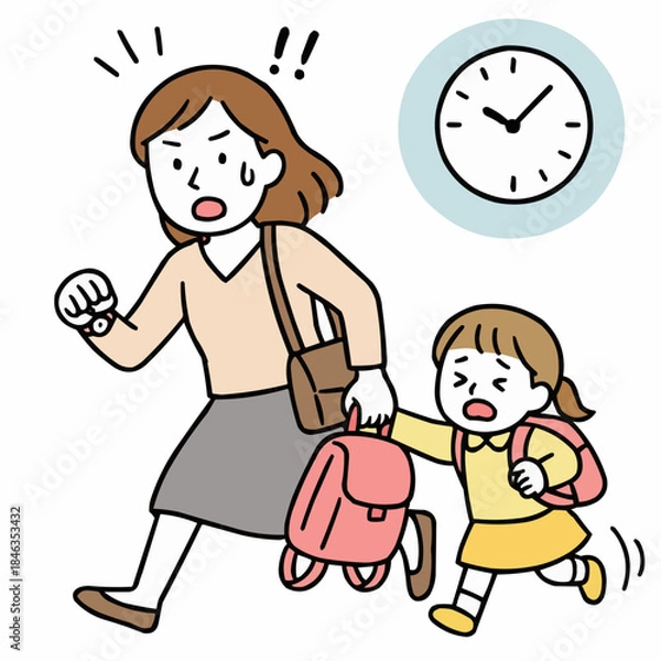 Obraz 保育園の送迎で遅刻しそうで焦るママと女の子（8時・登園・急ぐ）手描き風シンプルイラスト
