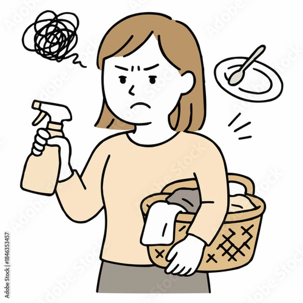 Obraz 家事育児の負担でイライラするママ（洗濯・掃除・皿洗い） 手描き風シンプルイラスト