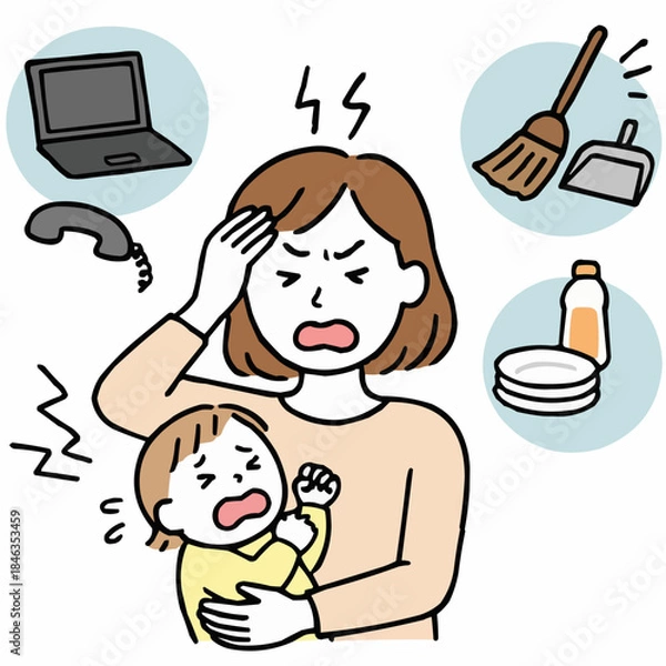 Obraz 家事・育児・仕事に追われてイライラするワーキングマザー（在宅ワーク/電話/掃除）手描き風イラスト