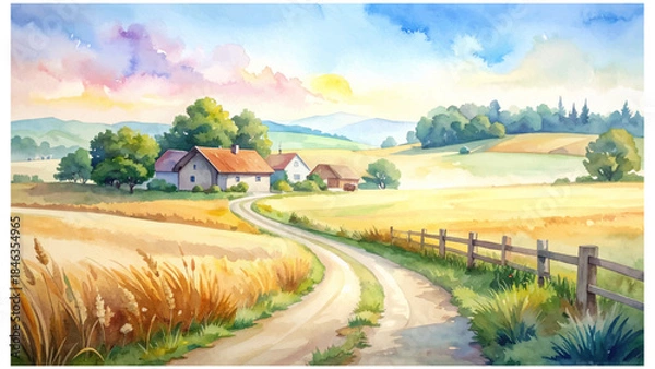 Obraz 水彩風に描かれた穏やかな田舎の風景