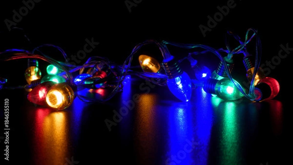 Obraz Vibrant Christmas Lights Glowing on Reflective Black Surface