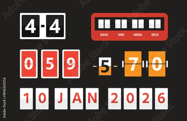 Fototapeta Collection of digital flip counters and date display. Modern digital filp counter vector.