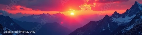 Fototapeta Crimson sun dips below jagged mountain tops, clouds ablaze , sun, silhouette, cliff