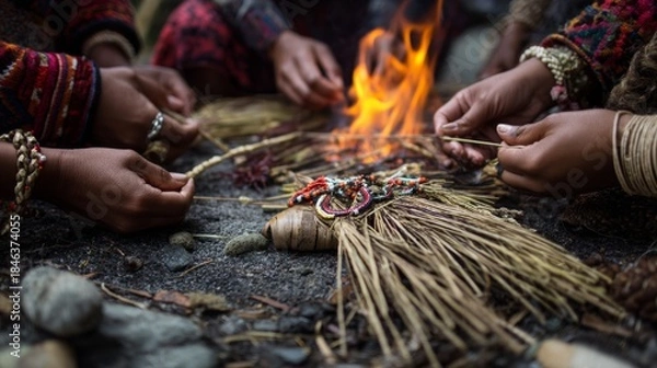 Obraz Around the fire, nimble hands weave beads and feathers into sacred patterns, each thread telling a story, each color echoing the memory of the land and its people. 