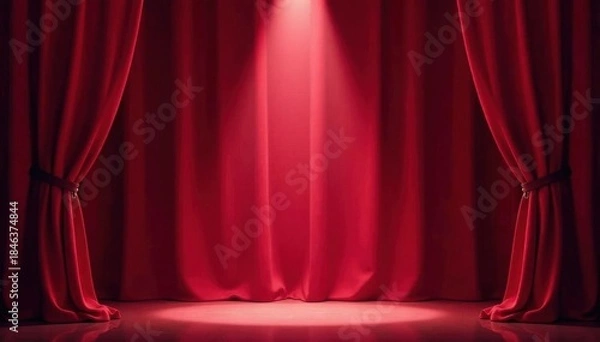 Fototapeta Crimson velvet stage curtains, single spotlight beam , backdrop, red curtains, showbiz