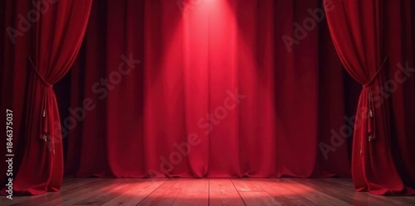 Fototapeta Crimson velvet stage curtains, spotlight beam , bright, spot
