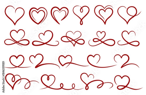 Obraz A set of red stylized hearts in one line. 
