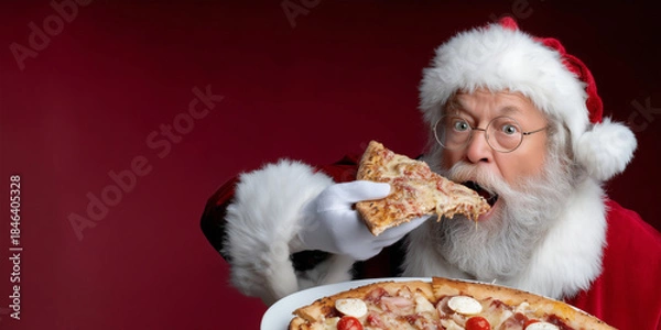 Obraz santa claus eating pizza slice on solid background