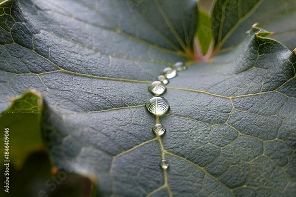 Obraz Water Droplets on Green Leaf Vein, Minimal Nature Macro