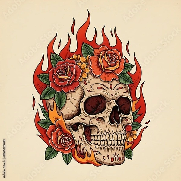 Fototapeta 炎の薔薇と骸骨