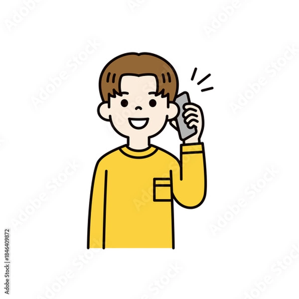 Obraz スマートフォンで通話する・話す、若い男性・男子学生の上半身ベクターイラスト素材＿カラー