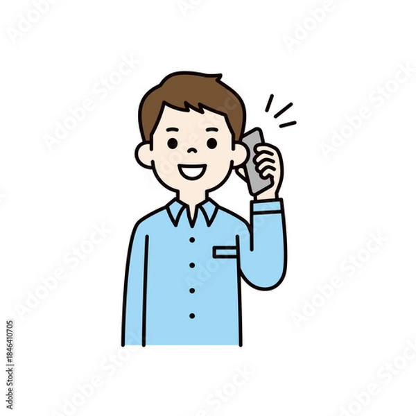 Obraz スマートフォンで通話する・話す、若い男性・ビジネスマン・パパのベクターイラスト素材＿カラー