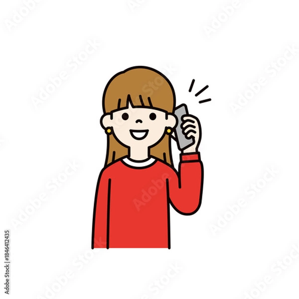 Obraz スマートフォンで通話する・話す、若い女性・女子学生の上半身ベクターイラスト素材＿カラー