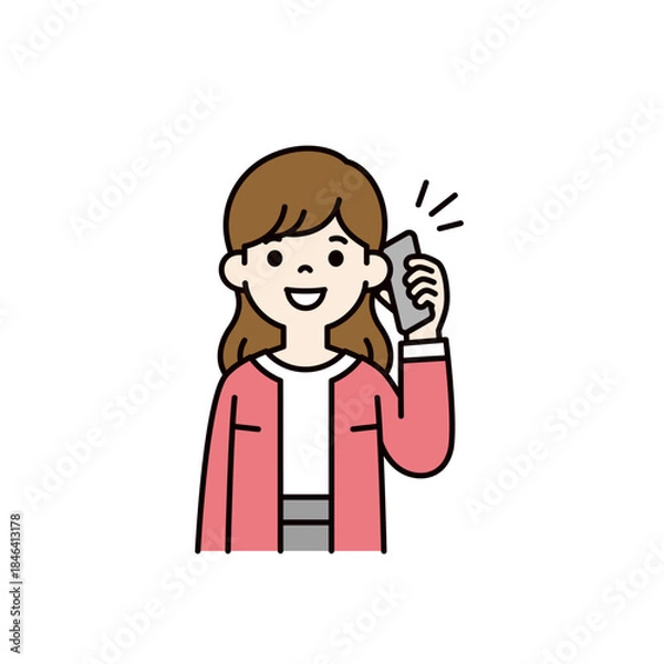 Obraz スマートフォンで通話する・話す、若い女性・主婦・ママの上半身ベクターイラスト素材＿カラー