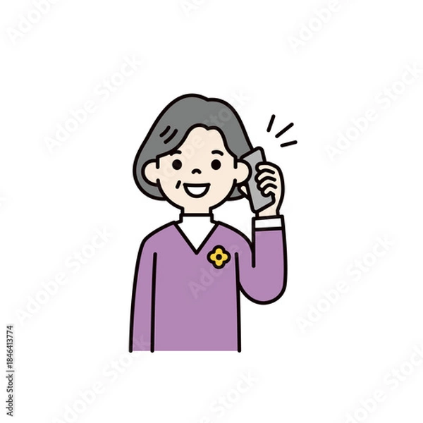 Obraz スマートフォンで通話する・話す、おばあさん・祖母・中高年女性のベクターイラスト素材＿カラー