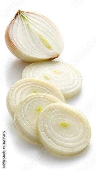Fototapeta A studio shot of an onion cut in half and several fresh slices on a clean white surface
