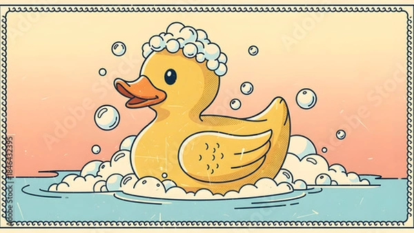 Obraz Rubber duck in soap bubbles bath.
