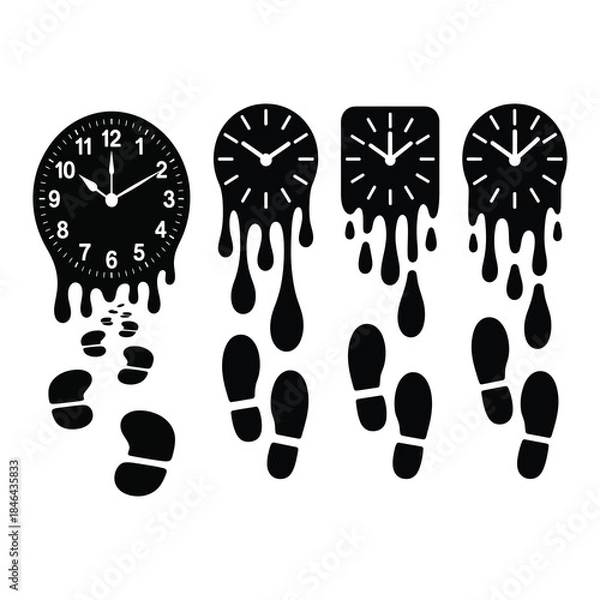 Obraz Clocks Face Melting Into Footsteps Silhouette set.