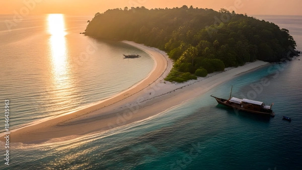 Fototapeta Golden hour sunrise over sandbar and jungle island in Kepulauan Anambas 