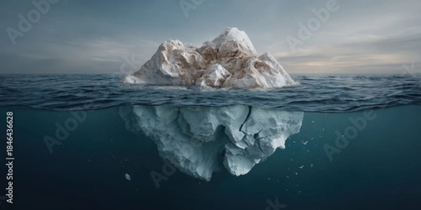 Obraz Iceberg floating in calm ocean waters, showcasing stunning reflections beneath the surface, highlighting the contrast between ice and water, evoking a sense of tranquility and nature's beauty