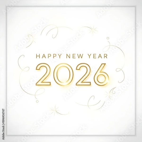 Obraz Elegant golden new year 2026 celebration with decorative swirls on a white background
