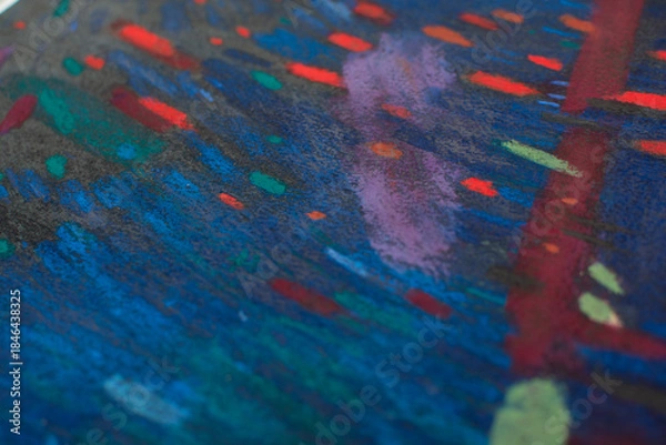 Fototapeta Abstract festive night background with fireworks-like strokes. Dark blue texture with red, gold and green accents. Handmade dry pastel artwork for holiday banners, posters, greeting cards.