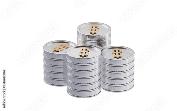 Fototapeta Stacks of metallic coins, 3d rendering.