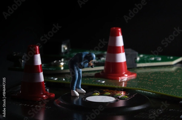 Obraz Critical data restricted area miniature detective investigating digital data security breach