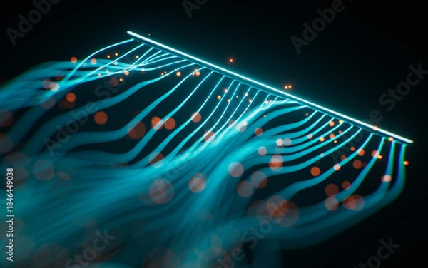 Fototapeta Glowing wave neon lines background, 3d rendering.