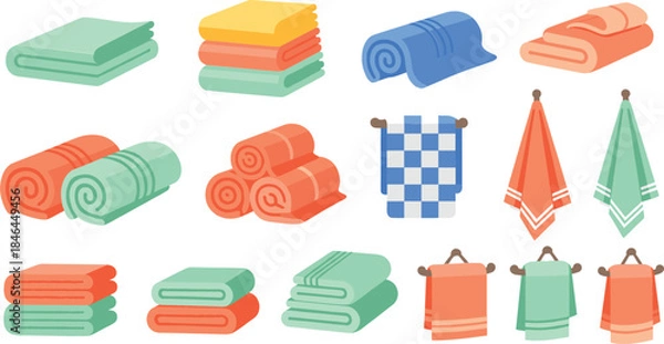 Fototapeta Set of folded and hanging towels for bathroom and spa concepts featuring various textile textures in soft pastel colors isolated on white background vector illustration.