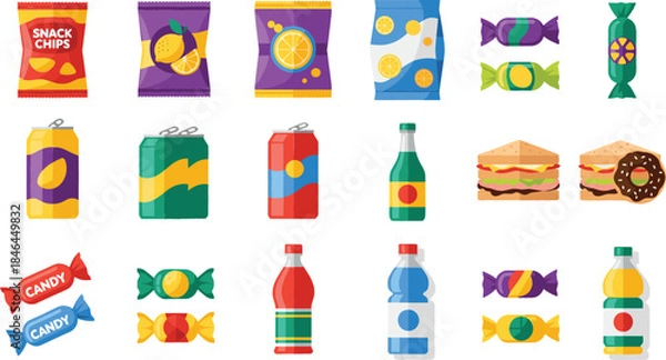 Fototapeta  Flat icon set of snacks and drinks featuring potato chips candy bars soda cans bottled water and sandwiches for vending machine and junk food concepts isolated vector