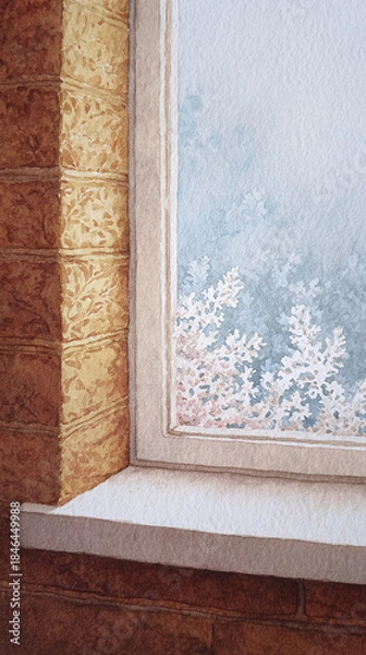 Obraz A Serene Watercolor of a Window Capturing Snowy Views: A Fusion of Architecture and Nature in Soft Colors and Rich Textures